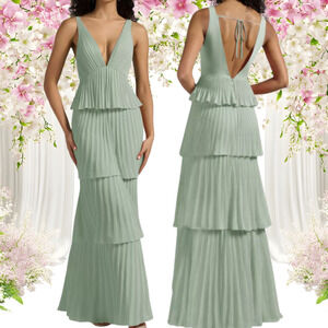 AW BRIDAL 4 S sage green chiffon Asma tier pleated backless maxi dress NEW B70
